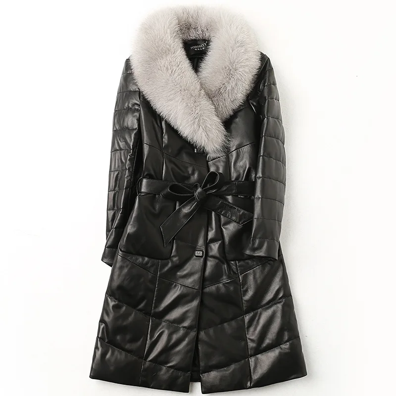YOLANFAIRY Geniune Leather Down Coat Women Sheepskin Fox Fur Collar Jacket Plus Size Streetwear HQ16-YFG1187B MF152 | Женская одежда