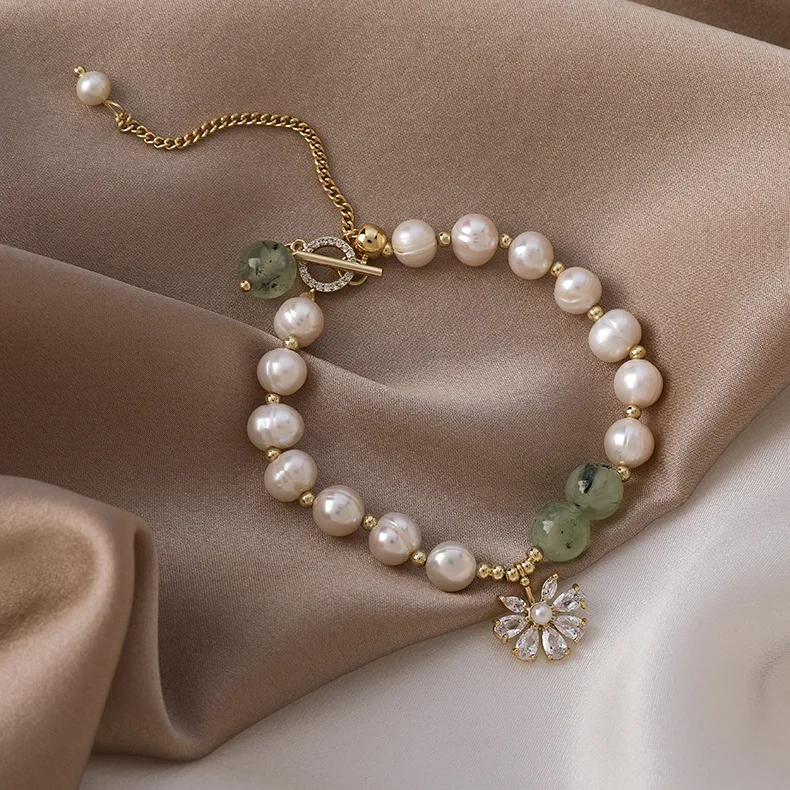 

Элегантный натуральный жемчуг браслет для женщин Высокое качество 14K позолоченные циркон цветок Браслет-манжета браслет регулируемый вече...