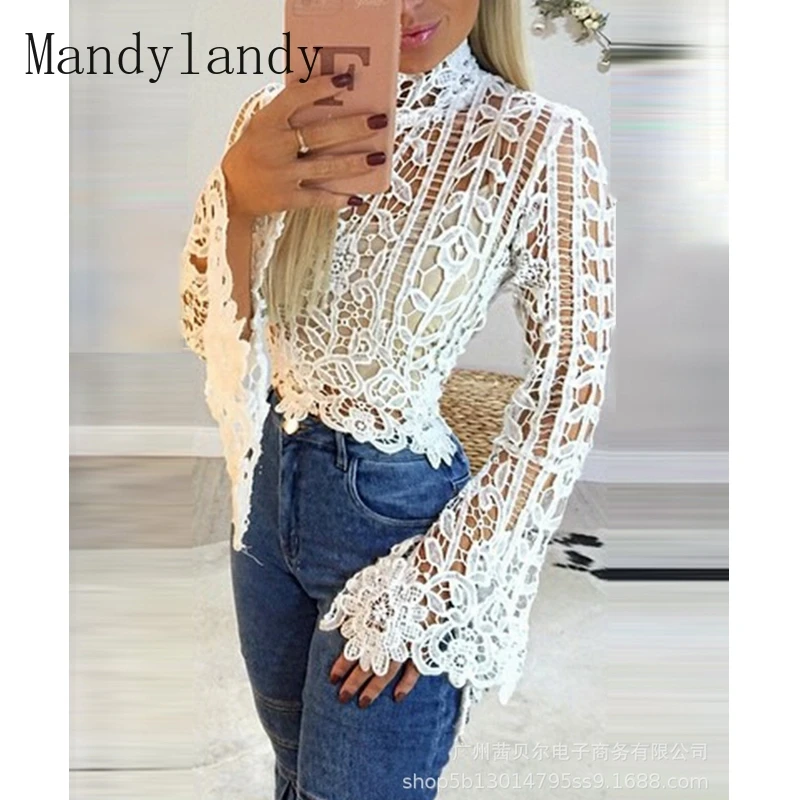 

Mandylandy T-shirt Women's Flare Sleeve O-Neck Lace Embroidery Stitching T-shirt Autumn Hollow Out See-through Slim-Fit T-shirt