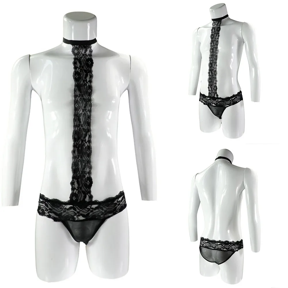 

Mens Sexy Breathable Underwear Lace Siamese Tight-Fit Neck Jumpsuit One Piece Underwear Suit Men Erotic Temptation Thongs HOT