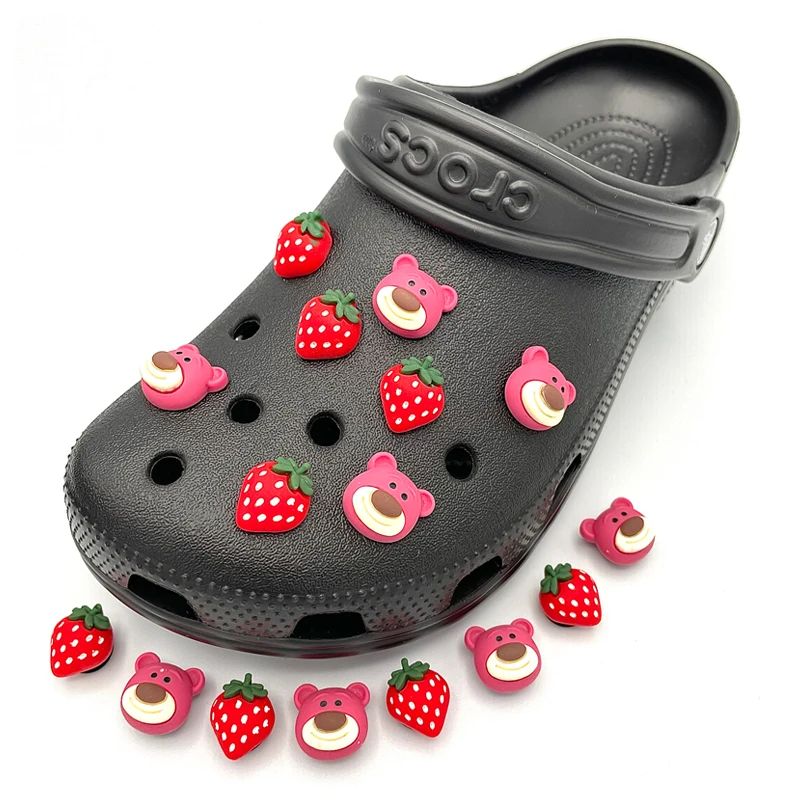 

Cartoon Pink Bear Strawberry Icon Resin Shoe Charms Decoration For Child Croc Clogs DIY Pins Womens Slippers Badge Accessories