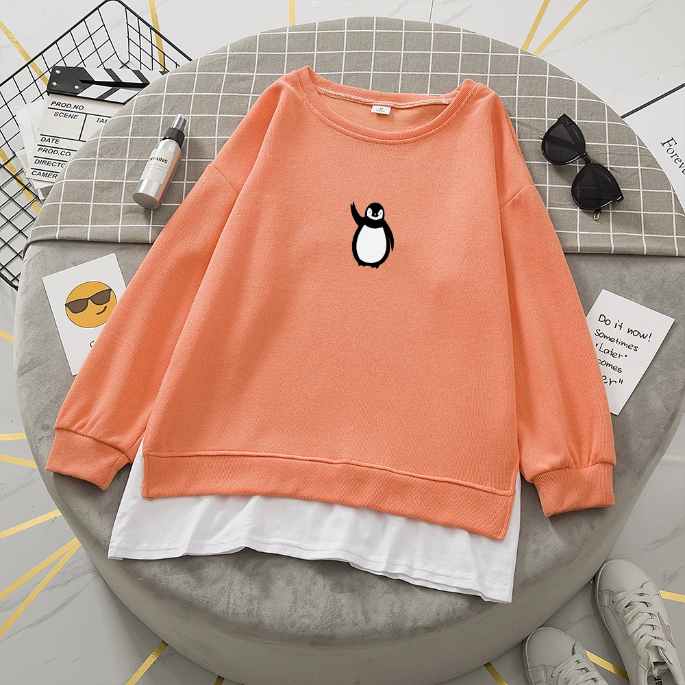 Зимние женские модные Лоскутные толстовки с принтом пингвина Harajuku флисовая