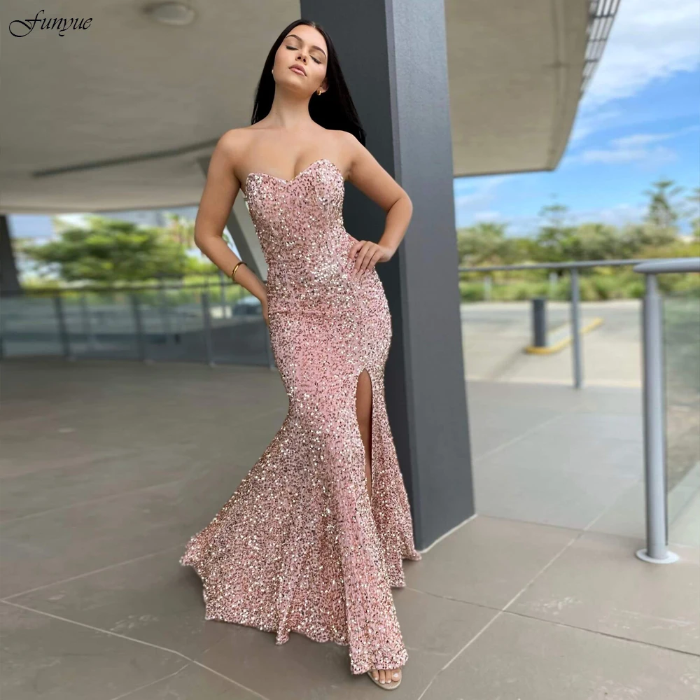 

Funyue Blush Pink Mermaid Prom Dresses Long for Teens Sexy Slit Sweetheart Glitter Sequin Velvet Wedding Party Pageant Gowns