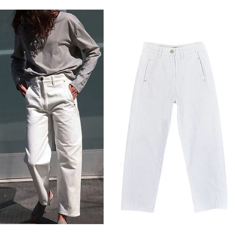 Летние женские повседневные белые джинсы с высокой талией свободные потертые
