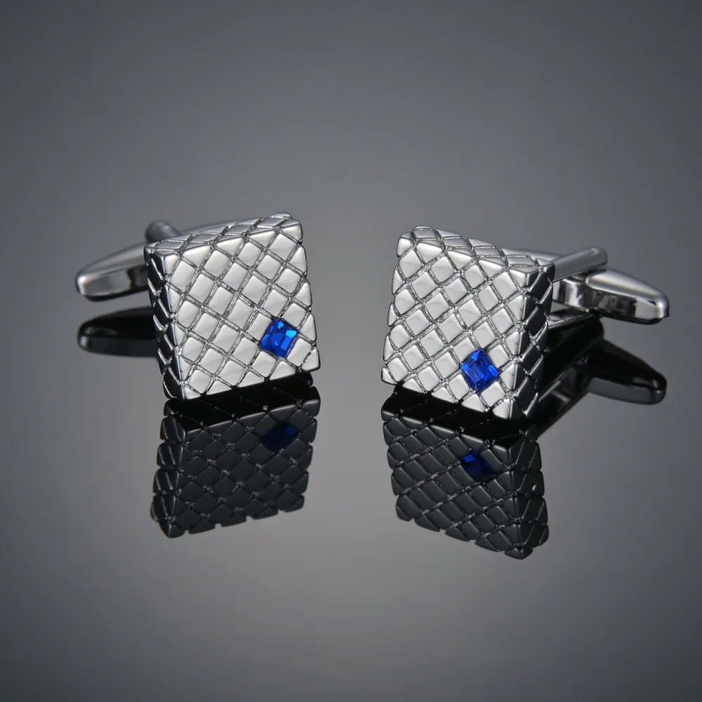 

1 Pair High Quality Trendy Silvery Color Square Cufflinks Classic Men Luxury Blue Crystal Cuff Links Grid French Shirt Cufflink