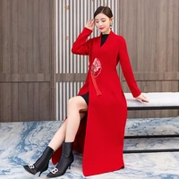 spring autumn retro chinese style embroidered long wool red black coat tassel v neck wide waisted office lady clothes