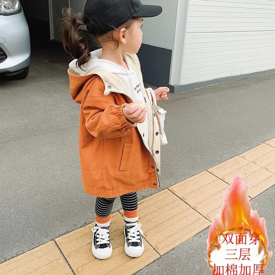 

2020 Two-sided Wear Boys Girls Spring Autumn Windbreaker Jacket Winter Clothes Children Korean Plus Velvet Children's Coat