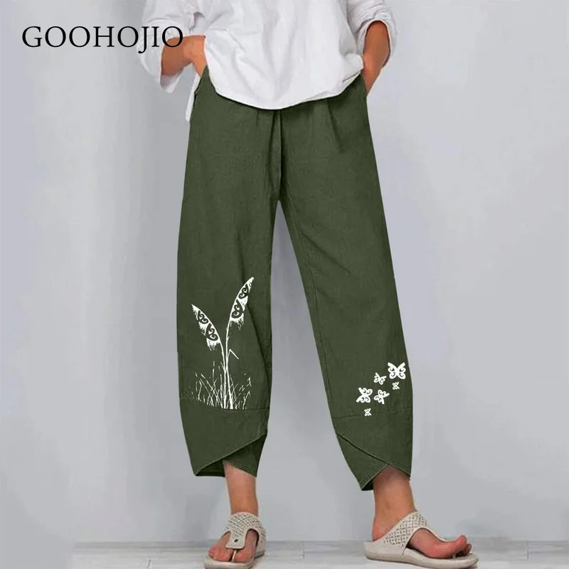 

GOOHOJIO 2021 New Spring Autumn Cotton Linen Printed Trousers Women Wide Leg Pants Casual Pants Ladies Elastic Band Women Pants