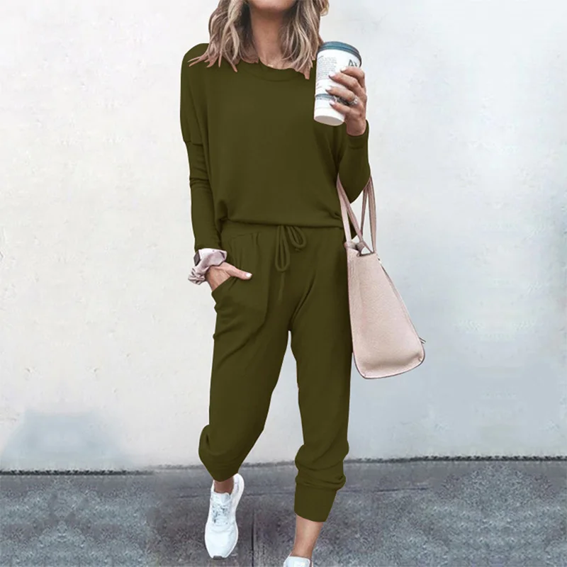 

Autumn Winter Home 2 Piece Set For Woman Long Sleeve O-neck Top Lace Up Long Trouse Casual Loose Solid Women Home Sets Black