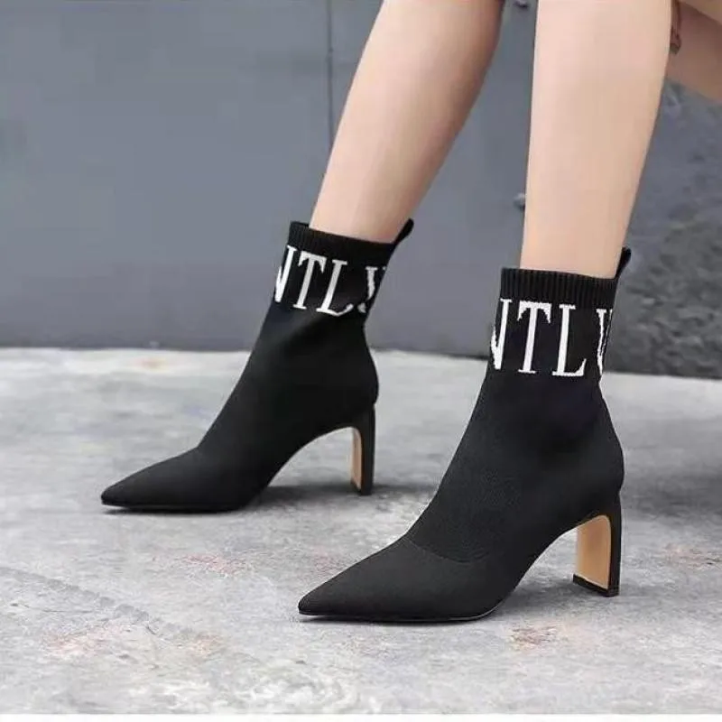 

Women's High Heel Ankle Boots High Heels Fashion Party Shoes Point Toe Knitted Pattern Breathable Socks Boots Large Size 34-43