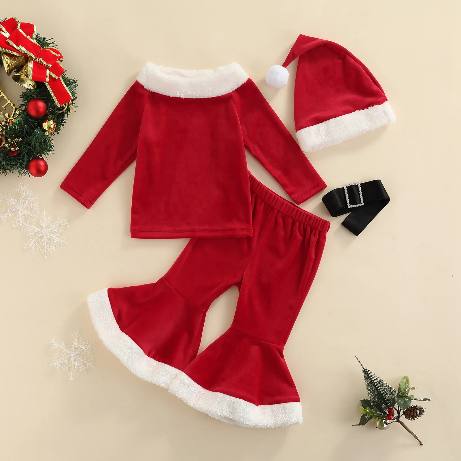 

3Pcs Children's Set Long Sleeve Plush Pullover Solid Flare Pants Hat Toddler Girls Autumn Winter Cotton Christmas Clothing 6M-4T