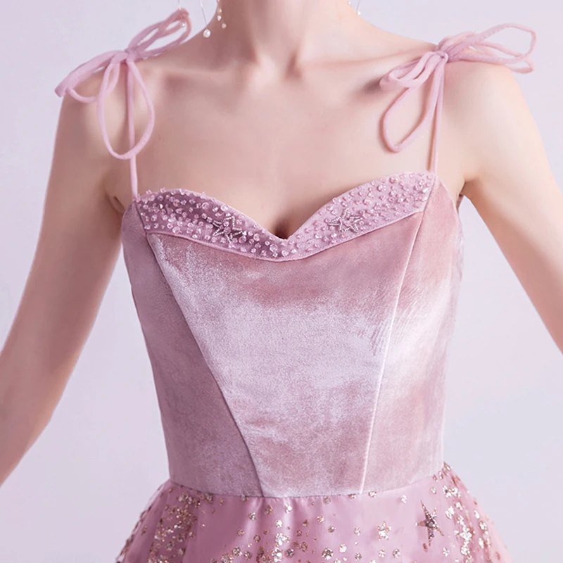 

Pink Luxury Evening Dress Illuison Lace Tulle Floor-Length A-Line Sequined Spaghetti Strap Beading Women Formal Dresses TS129