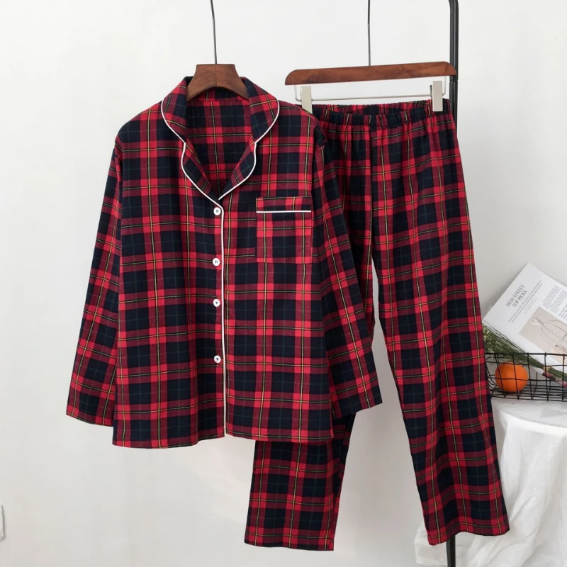 

Autumn New Long Sleeve Pajamas Women Lapels Comfortable Casual Cotton Sleepwear Red Grid Womens Pajama Set Loungewear Pj Set