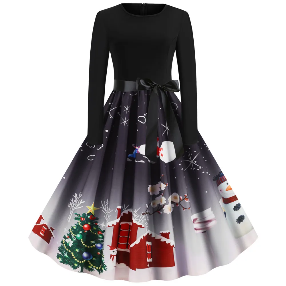 

Long Sleeve Print Vintage Dress Women Christmas Dress Winter Elegant Swing Party Dresses Robe elk Casual Christmas gift dress