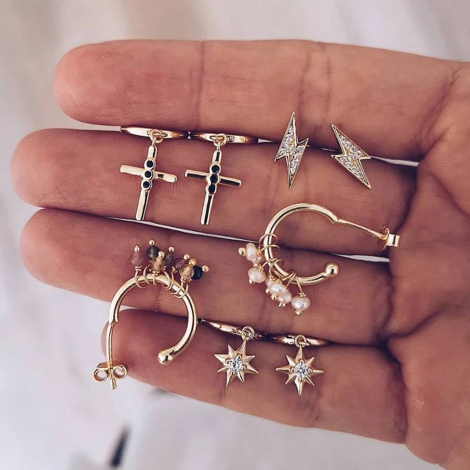 

4 Pairs/Set Fashion Brincos Crystal Pearl Earrings for Women Gold Color Cross Star Lightning Stud Earring Bohemian Jewelry