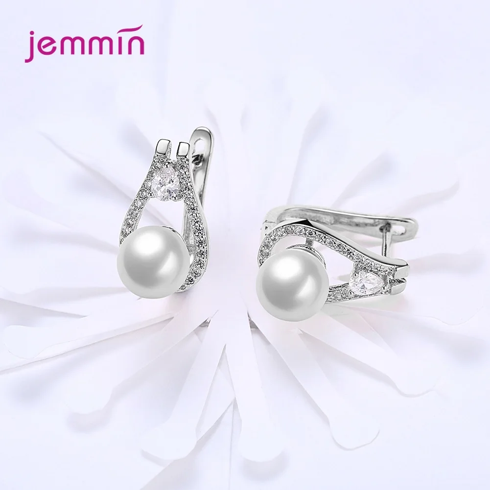 Элегантный S925 серебро белый жемчуг кулон кубический циркон обручи серьги
