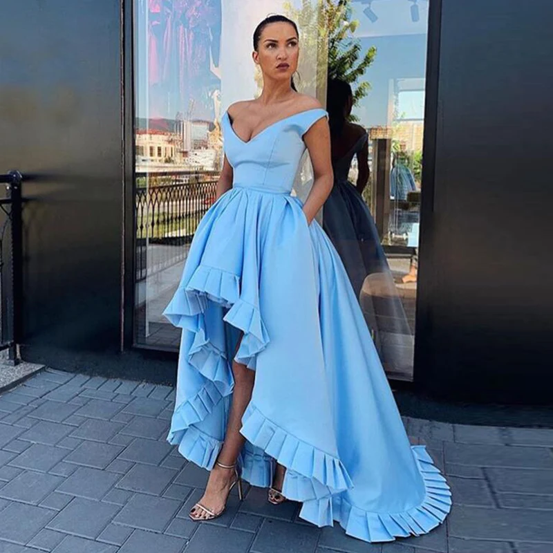 

High Low Prom Dresses with Pockets V-Neck A-Line Light Blue Satin Short Front Long Back Party Gown for Graduation Dress