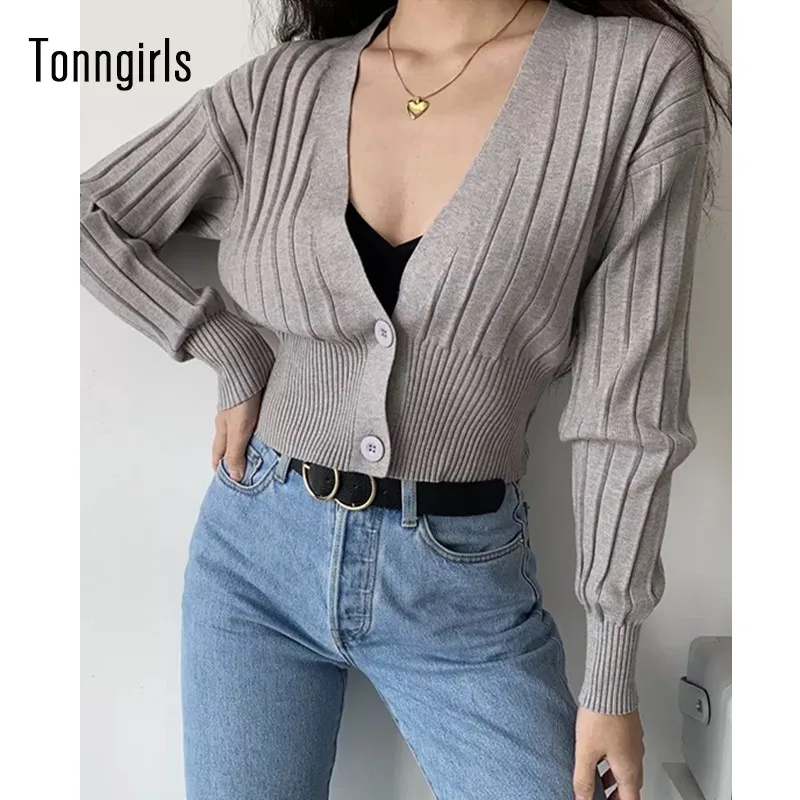 

Пикантный Укороченный кардиган Tonngirls с глубоким V-образным вырезом, женский черный кардиган в рубчик, Кардиган с длинным рукавом, женские то...