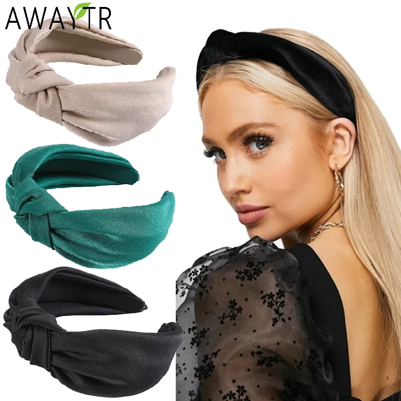 

AWAYTR Fashion Satin Girls Hair Accessories For Women Solid Color Knotted Headband Wide Bezel Hairband Girls Hair Hoop Haarband