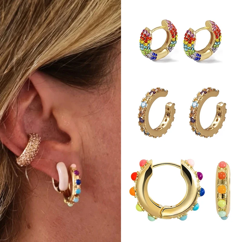 

Women CZ Rainbow Earrings Cubic Zirconia Ear Cuff Set for Female Trendy Gold Huggie Clip on Earrings Earcuff Crystal Jewelry