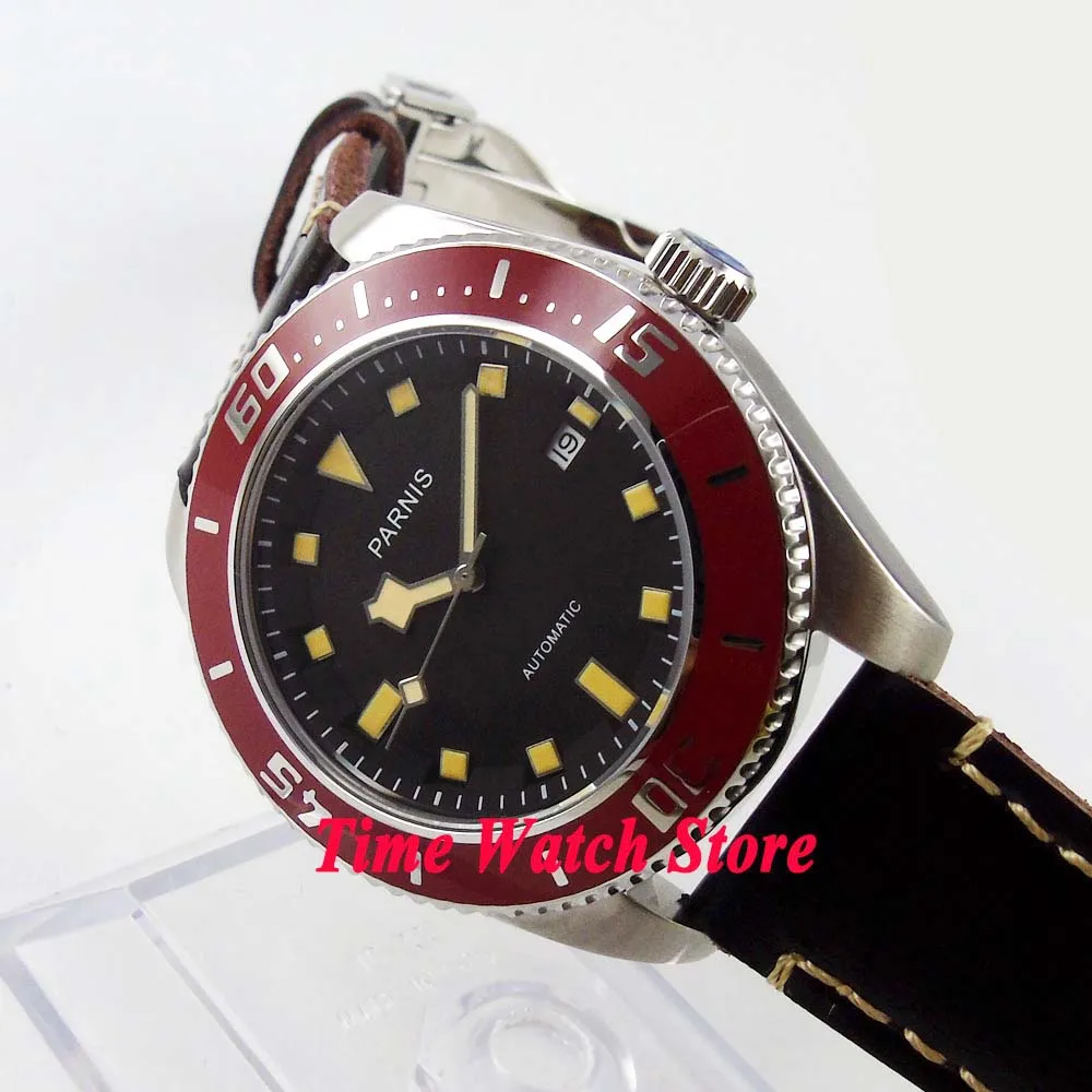 Мужские автоматические часы Parnis 43 мм Miyota 10ATM черный циферблат зеркальное стекло