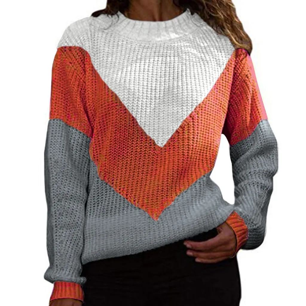 

JAYCOSIN Sweater Women Knitted Sweater Pullover Splice Color Block Raglan Long Sleeves O Neck Knitting Top Loose Casual Sweater