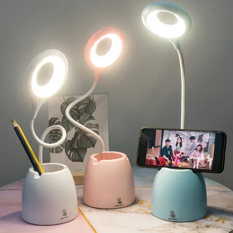 

LED Table Lamp Touch Dimming USB Desk Lamp Read Light Kids Pink Book Bedside Reading Lamp Pen Holder Eye Protect Home Decor