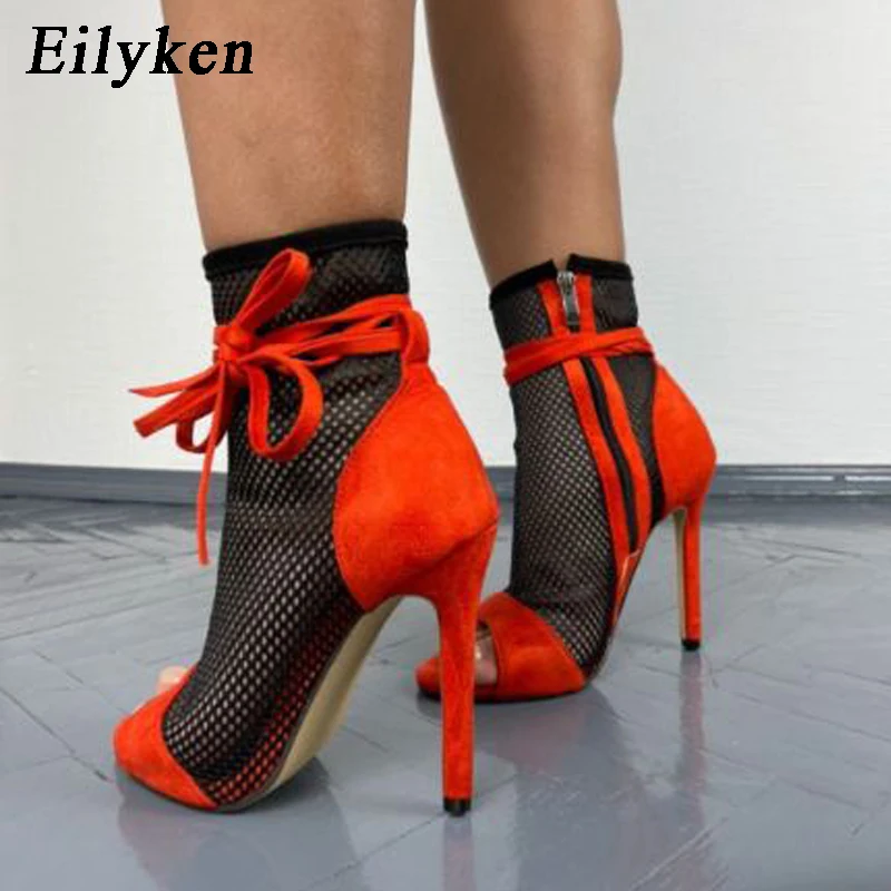 

Eilyken Summer Zipper Boots Sandals Black Mesh Sexy Peep Toe Lace Up Women Shoes High Heel 11.5CM Thin Heel Ladies Boots