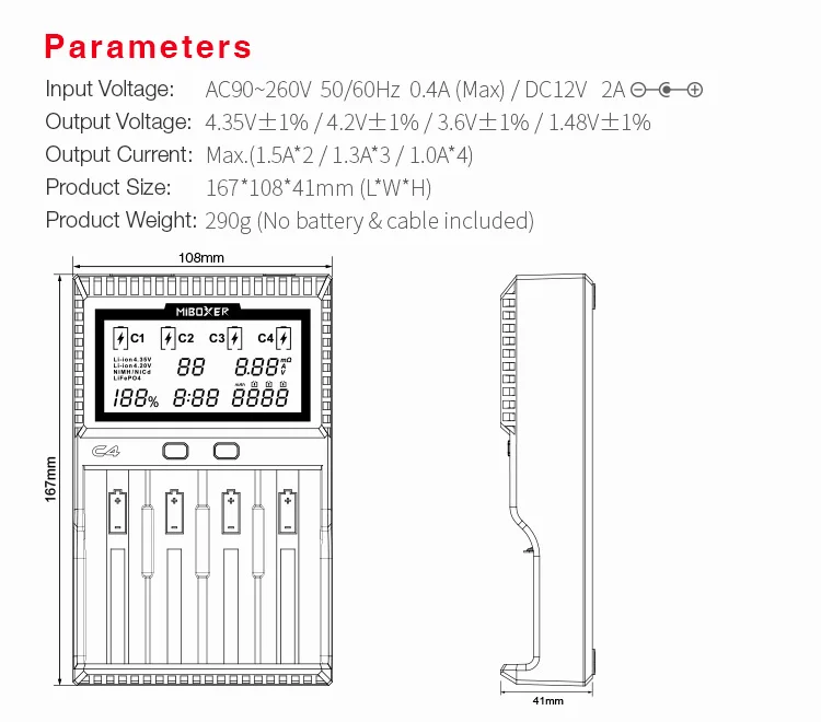 Miboxer C4 VC4 lcd Смарт зарядное устройство для литий-ионных/IMR/INR/ICR/LiFePO4 18650 14500 26650 AA 3,7 1,2 V 1,5 V батареи D4
