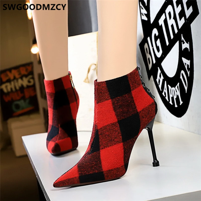 Красные ботинки Модные ботильоны для женщин на очень высоком каблуке с большим