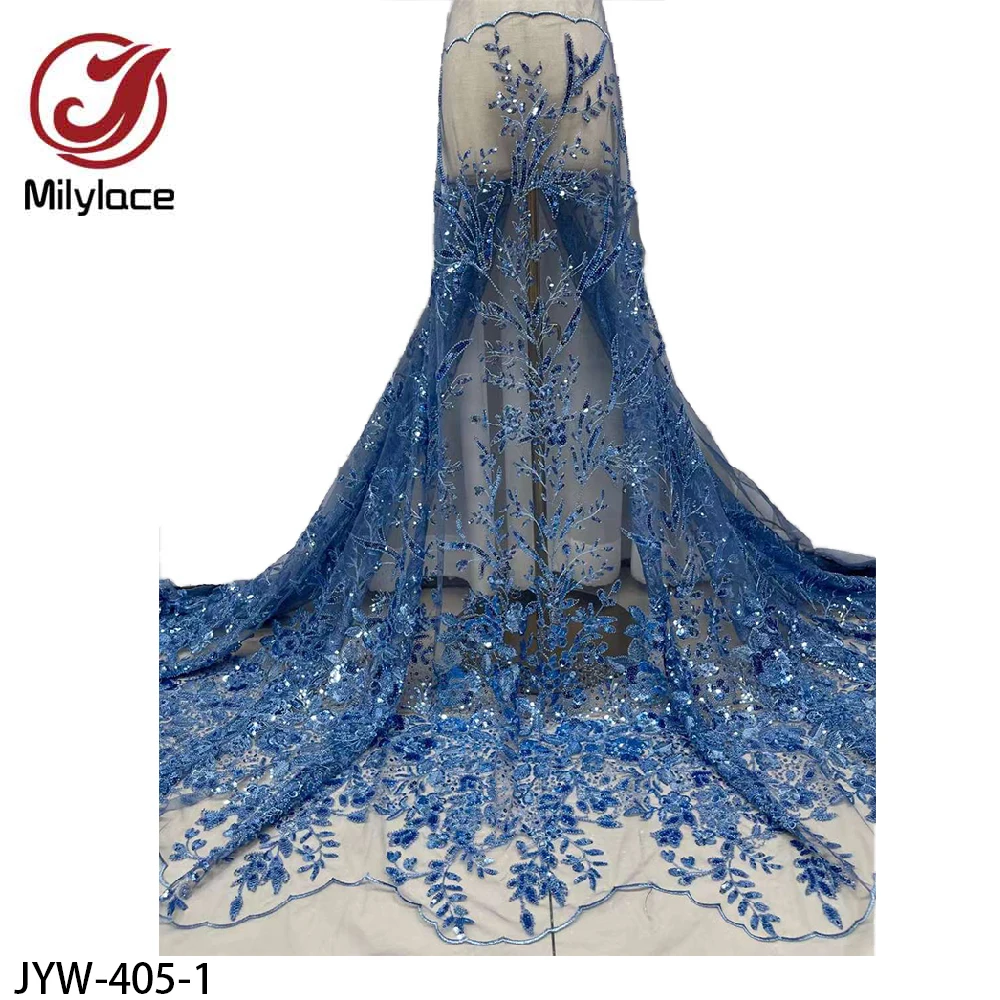 Tela de encaje de tul con cuentas, tejido de red de lentejuelas francesas africanas de alta calidad para JYW-405 de costura, gran oferta-0