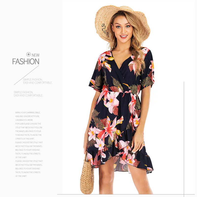 

Elegant Casual Women Print Slim Empire Dress 2020 Summer V-neck Ruffles Mini Dress for Women