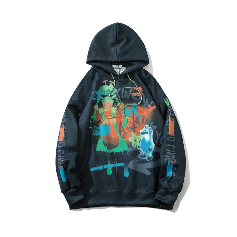 

High Street Oversize Hooded Pullover Sweatshirts Men Women Fashion Couple Outfit Hip Hop Robot Print Casual Loose Cotton Hoodies