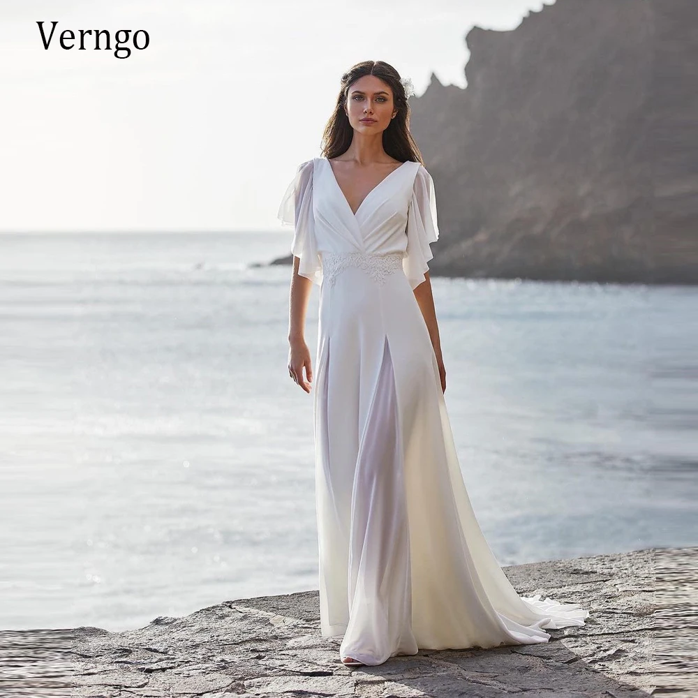 

Verngo 2021 Simple A Line Silk Chiffon Beach Wedding Dress Boho V Neck Puff Short Sleeves Pleats Applique Country Bridal Gowns