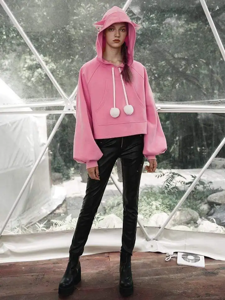 Панк рейв женские готические кошачьи уши помпоны с пышными рукавами толстовки