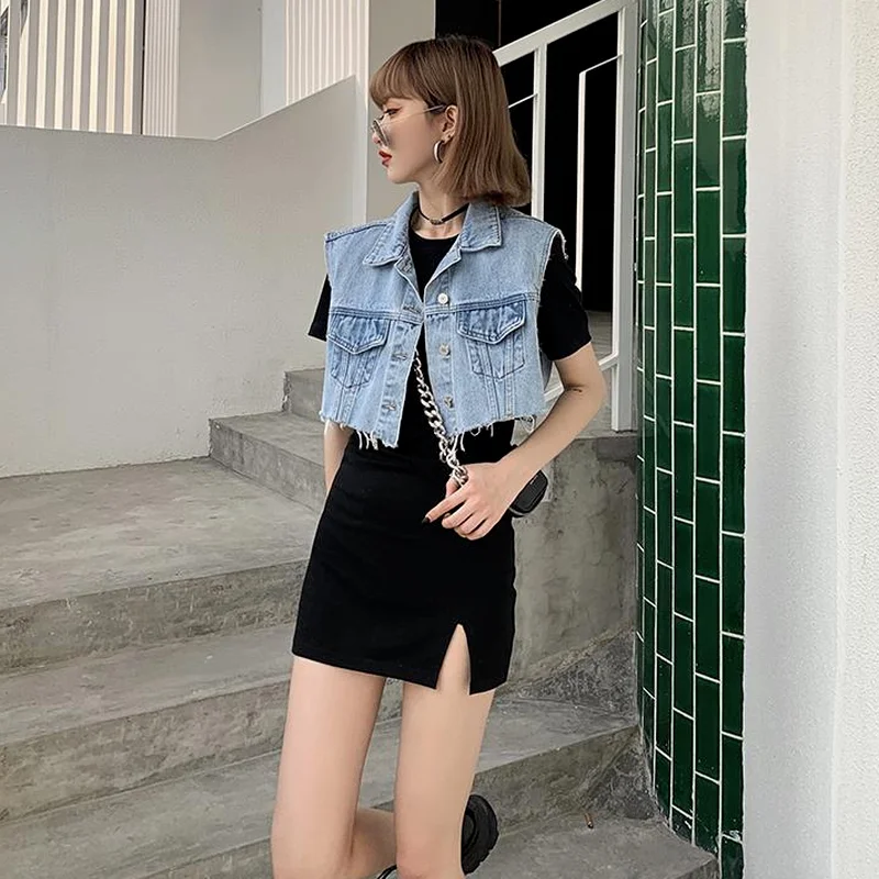 

Vests Women Crop Trendy Casual Denim Clothing Hipster Spring Korean Style Simple Femme Chic All-match Cozy Basic Mujer De Moda