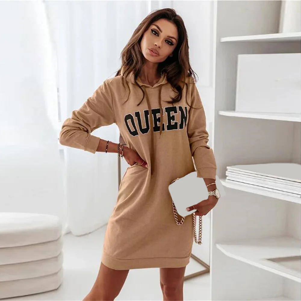 

Spring Autumn Letter Print Sport Casual Dress Women Long Sleeve Loose Hooded Drawstring Straight Sweatshirt Vestidos Streetwear