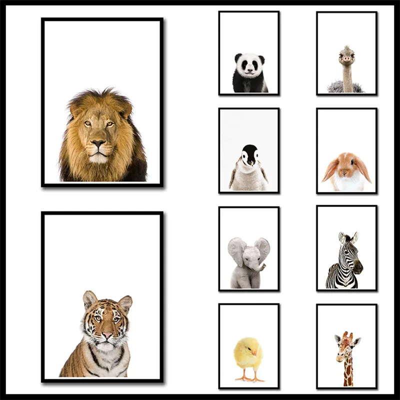 Нордический белый покрытый бумажный постер Медведь Кролик Тигр Лошадь Обезьяна Животные Холст Картина Декор для детской комнаты на стену.