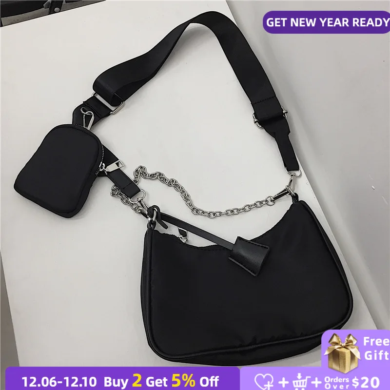 

Простая Женская нейлоновая сумка через плечо из ткани Оксфорд, модная женская сумка-хобо, женская маленькая сумочка на цепочке с кошельком ...