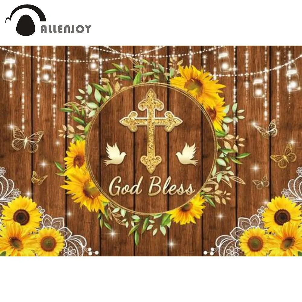 

Allenjoy First Holy Communion Background God Bless Cross Wood Sunflowers Banner Baptism Party Newborn Baby Shower Decor Backdrop