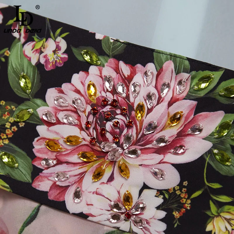 

LD LINDA DELLA Summer Runway Elegant Shirt Dress Women Long sleeve Elegant Sashes Beading Floral print Vintage Chiffon Dress