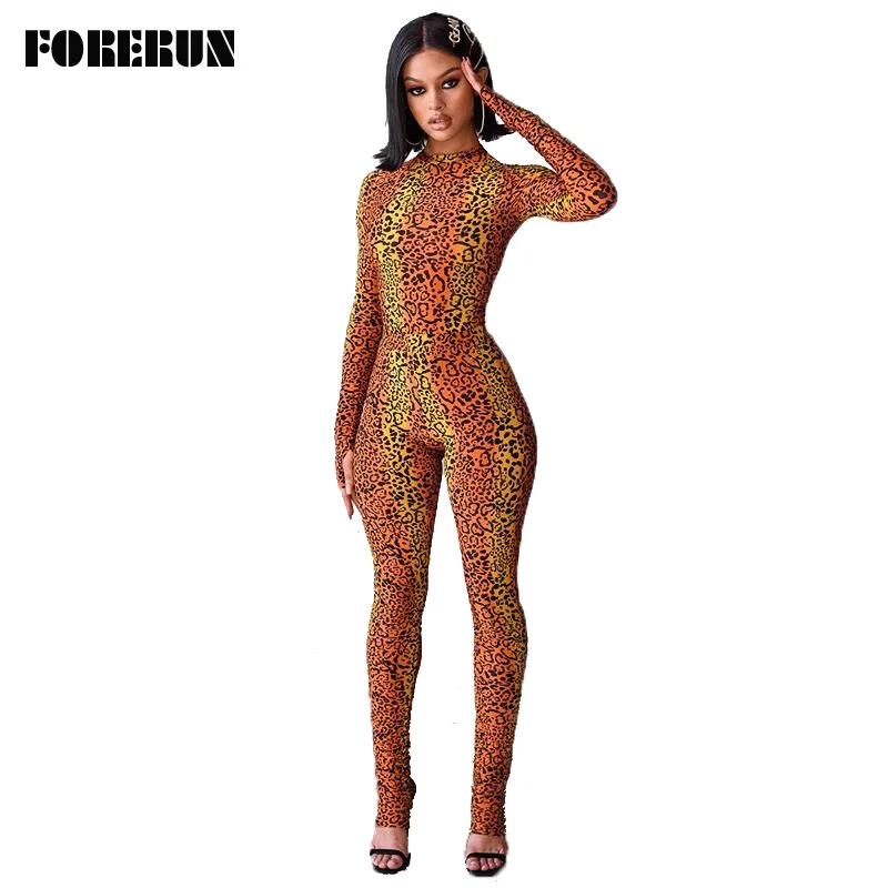 FORERUN Комбинезоны женские с леопардовым принтом перчатками Сексуальные