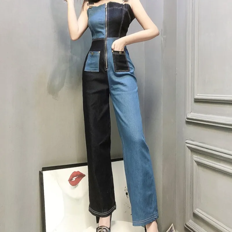 Женский джинсовый комбинезон без рукавов Облегающий с открытой спиной на молнии