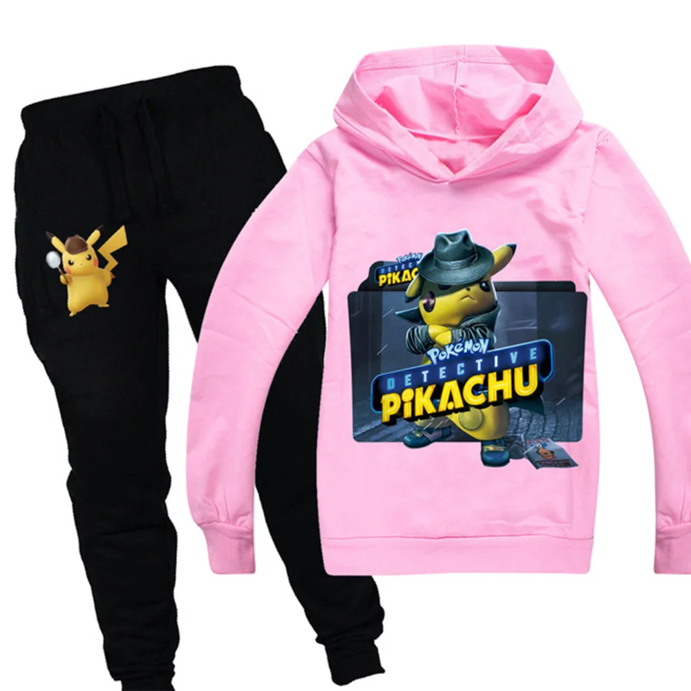 POKEMON GO Detective Pikachu/детская одежда для мальчиков и девочек осенний Свитшот комплект из 2 предметов, хлопковые спортивные толстовки с длинными рукавами и рисунком, Комплект футболок - Цвет: 990pink