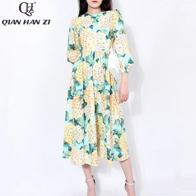 

Qian Han Zi 2021 summer designer runway fashion cotton dress Women's lantern sleeves Flowers printing vintage slim dress