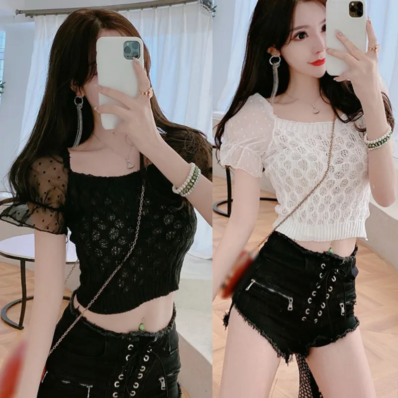 

Fashion Sweet Slash Neck Knitted Stitching Flared Sleeve Short Top New