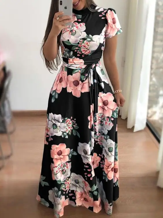 

Euramerican Women Dress Casual Short Long Sleeve Ankle-Length Dress Boho Floral Print Maxi Dress Turtleneck Elegant Lady Dresses