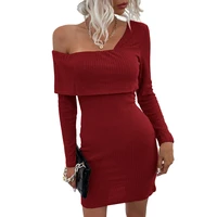 elegant women sexy one shoulder long sleeve dresses solid spring autumn short casual bodycon dress office lady party vestidos