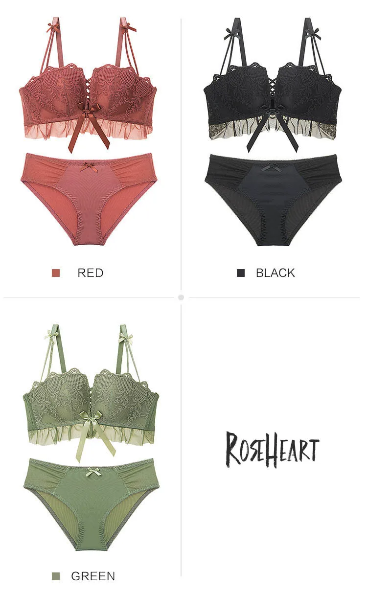 Roseheart, женский модный красный зеленый кружевной бюстгальтер с мягкими чашечками, бюстгальтер, сетчатые трусики, беспроводное нижнее белье, сексуальное нижнее белье, комплекты A B, японский