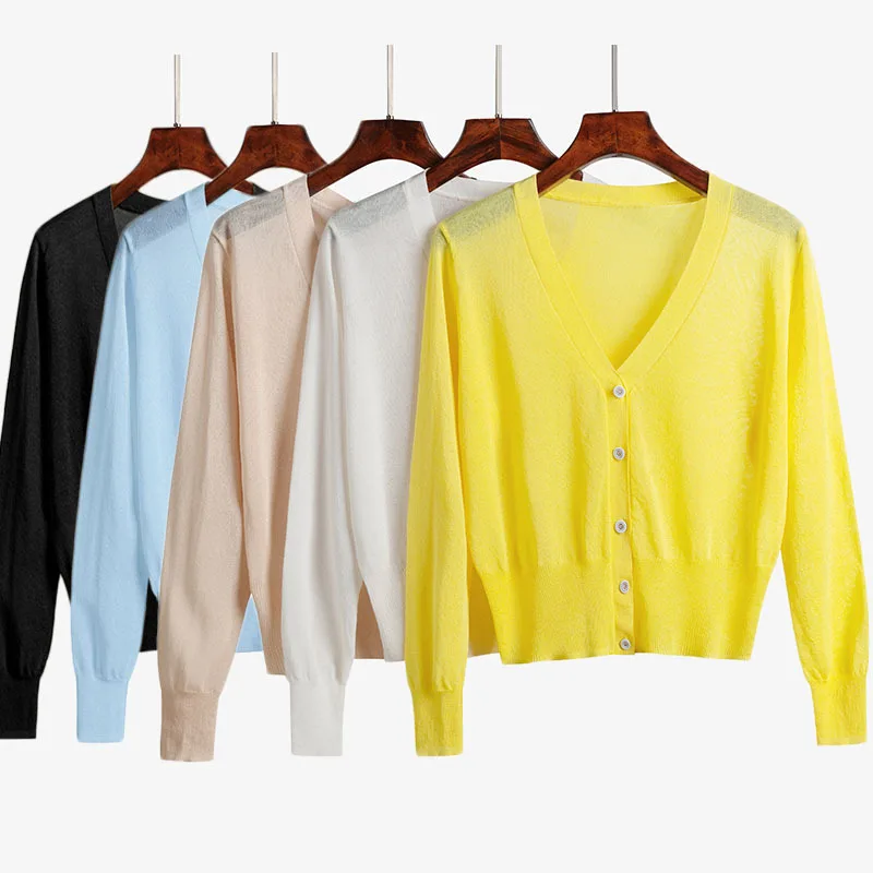

Thin Cardigan Women 2021 Summer Knitted Sweater Sun Protection Clothing V Neck Oversize Crop Tops Ice Silk Coats Female